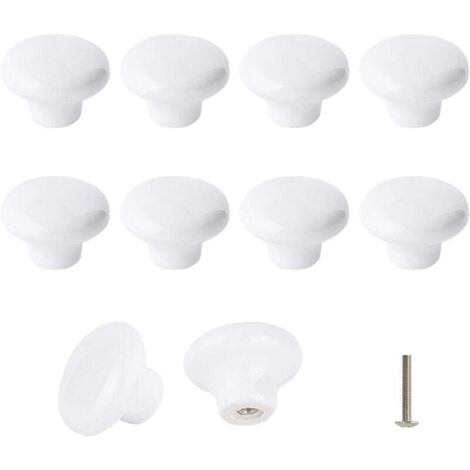 Juego de 10 pomos de cerámica blanca, tiradores de puerta de cerámica, tiradores de cerámica retro redondos para armarios, cajones y cocinas, 32 mm, con 3 tamaños de tornillos