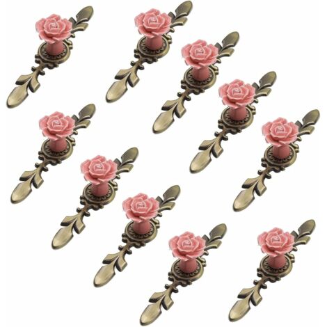 Juego de 10 pomos de cerámica para muebles, 41 mm de diámetro, diseño de rosa, con placa de bronce, rosa, 170 mm de longitud.