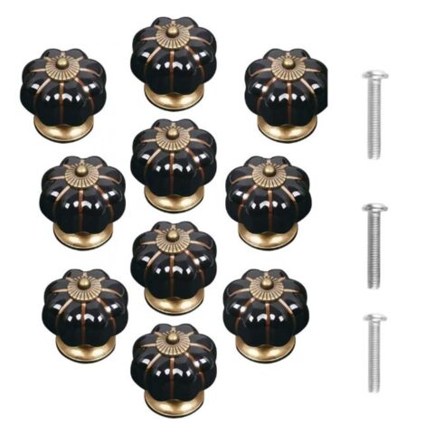 Juego de 10 pomos de cerámica para puerta con diseño de calabaza vintage, color negro
