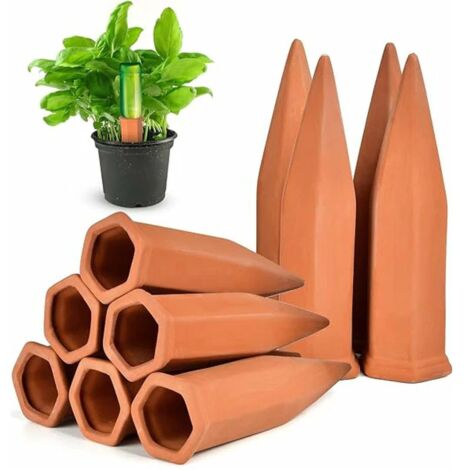 Juego de 10 soportes de terracota con autorriego para plantas, ideales para vacaciones, compatibles con botellas de vino.