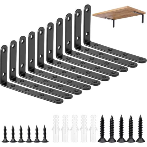 Juego de 10 soportes negros para estantes, 125 x 75 mm, soportes de pared en ángulo recto con 80 tornillos, soporte resistente para estantes de mesas, librerías, tableros de madera, muebles y ventanas