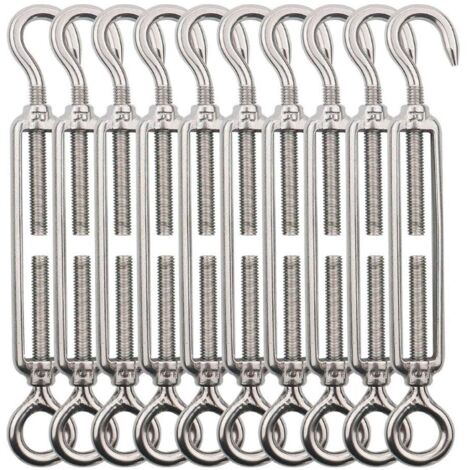 Juego de 10 tensores de alambre ajustables, tensores de acero inoxidable, ojo tensor de linterna M4 y gancho de acero.Se utiliza para tensar alambre de acero, línea de antena, cadena de tendedero