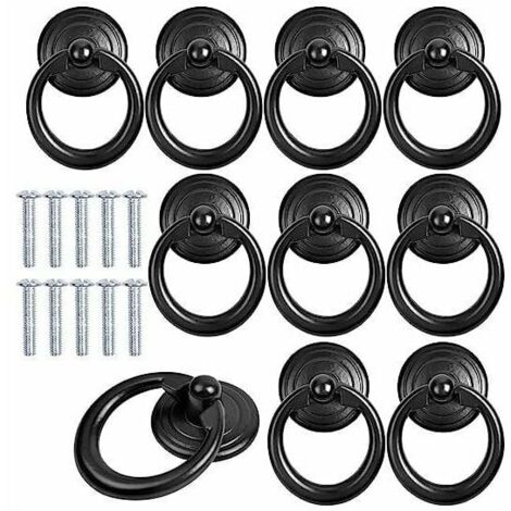 Juego de 10 tiradores redondos de metal negro para muebles – Aleación de zinc – Dimensiones: 44 x 33 mm – Tornillos de 22 mm incluidos