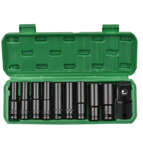 Juego de 10 vasos de impacto hexagonales de 1/2 pulgada, vasos profundos de 10 a 22 mm y adaptador de 3/8 de pulgada, fabricados en acero CR-V, con estuche rígido de almacenamiento.
