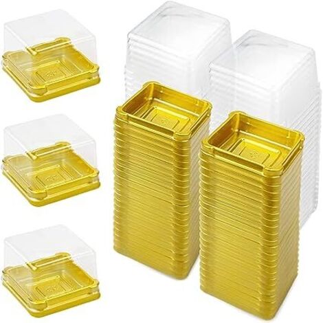 Juego de 100 mini cajas de plástico transparente para cupcakes con tapa, cajas individuales para bodas, cumpleaños, quesos, pasteles, postres, pasteles de luna (cuadradas, doradas)