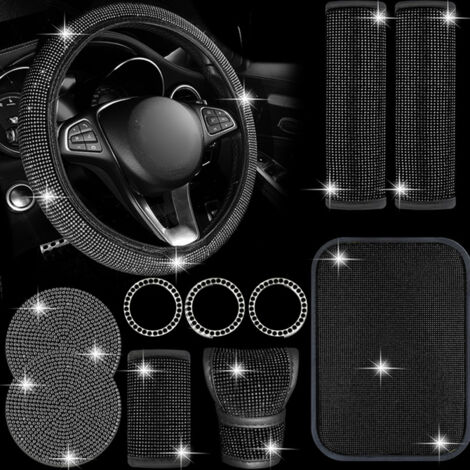 Juego de 11 accesorios para coche adornados con diamantes de imitación: funda para el volante, palanca de cambios, freno de mano, cinturón de seguridad, anillos decorativos para el botón de arranque, 