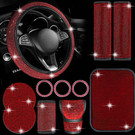 Juego de 11 accesorios para coche adornados con diamantes de imitación: funda para el volante, palanca de cambios, freno de mano, cinturón de seguridad, anillos decorativos para el botón de arranque, 