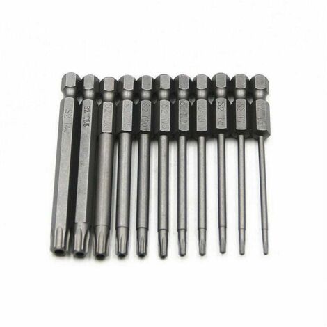 Juego de 11 puntas de destornillador Torx largas - Puntas magnéticas - Vástago hexagonal de 1/4" - Tamaños T6 a T40 - Longitud de 100 mm