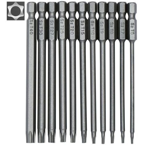 Juego de 11 puntas de destornillador Torx largas YMYNY - Puntas magnéticas - Vástago hexagonal de 1/4" - Tamaños T6 a T40 - Longitud de 100 mm
