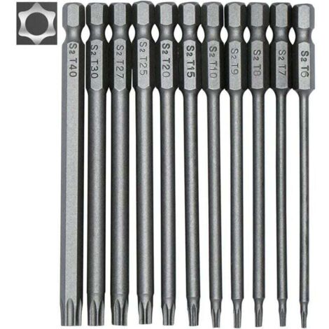 Juego de 11 puntas Torx largas para destornilladores y atornilladores eléctricos - Puntas magnéticas - Vástago hexagonal de 1/4" - Tamaños de T6 a T40 - Longitud 100 mm
