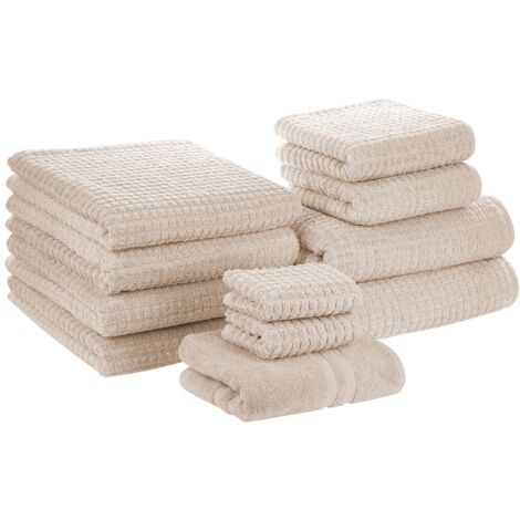 Juego de 11 toallas de baño y alfombrilla de baño de algodón beige de low twist para invitados Atai
