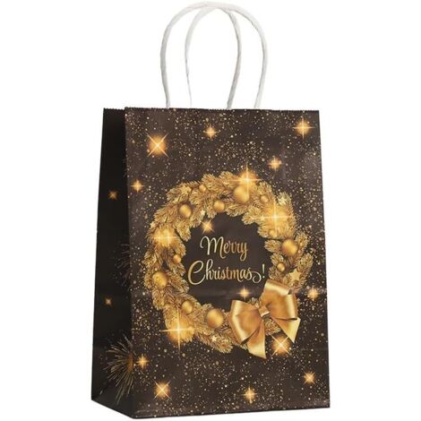 Juego de 12 bolsas de regalo navideñas reutilizables en negro y dorado con asas para envolver regalos de Navidad, 21 x 15 x 7 cm (corona).