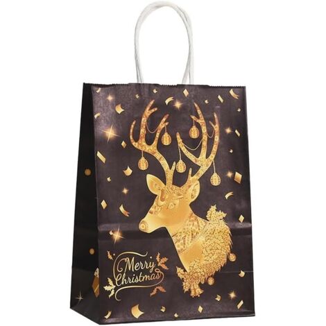 Juego de 12 bolsas de regalo navideñas reutilizables en negro y dorado con asas para envolver regalos de Navidad, 21 x 15 x 7 cm (reno grande)