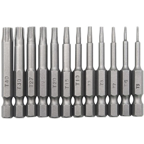 Juego de 12 brocas Torx con vástago hexagonal de 1/4", 50 mm de longitud, T5-T40, brocas magnéticas para destornillador Torx.
