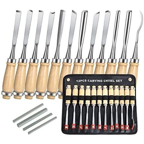 Juego de 12 cinceles para madera, cuchillo de decapado para tallado con mango y carrete de madera, para principiantes, escultores, carpinteros y aficionados (4 piedras de afilar)