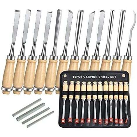 Juego de 12 cinceles para madera, cuchillo de decapado para tallado con mango y carrete de madera, para principiantes, escultores, carpinteros y aficionados (4 piedras de afilar)