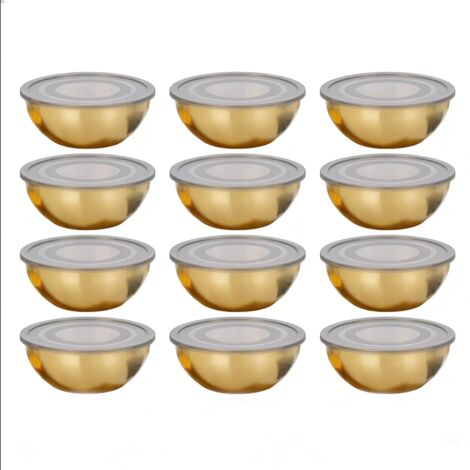 Juego de 12 cuencos de cocina de acero inoxidable dorado de 17 cm con tapas herméticas, perfectos para ensaladas de frutas, sopas y comidas.