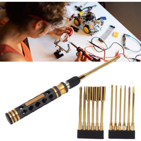 Juego de 12 destornilladores multifuncionales con mangos ergonómicos de aluminio y titanio para modelos RC y drones.