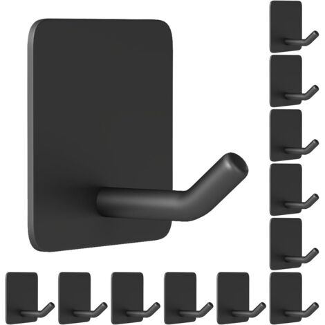Juego de 12 ganchos adhesivos de pared para toallas, aptos para baños, tamaño pequeño, adhesivo que no deja residuos, acero inoxidable negro.
