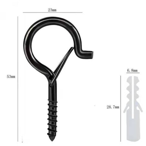 Juego de 12 ganchos de techo atornillables, con argolla de seguridad y tornillo, color negro.