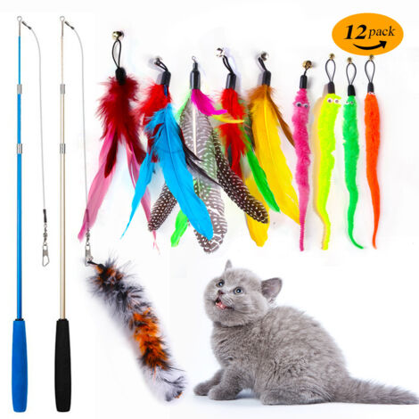 Juego de 12 juguetes de plumas para gatos: juguetes interactivos con 2 palos extensibles y 10 plumas intercambiables con cascabeles para gatitos. Diversión y ejercicio para el gato.