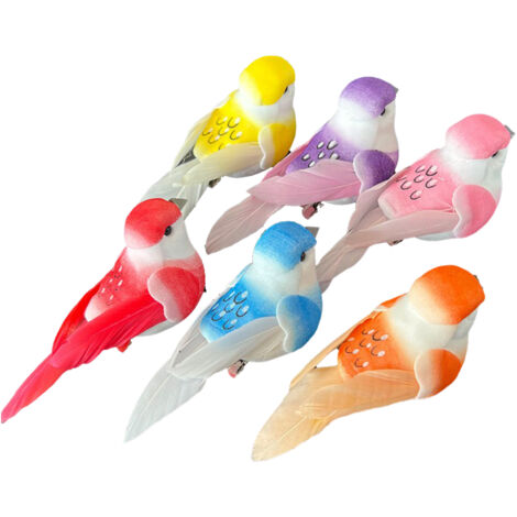 Juego de 12 pájaros artificiales decorativos: adornos de plumas coloridas para jardín e interiores.
