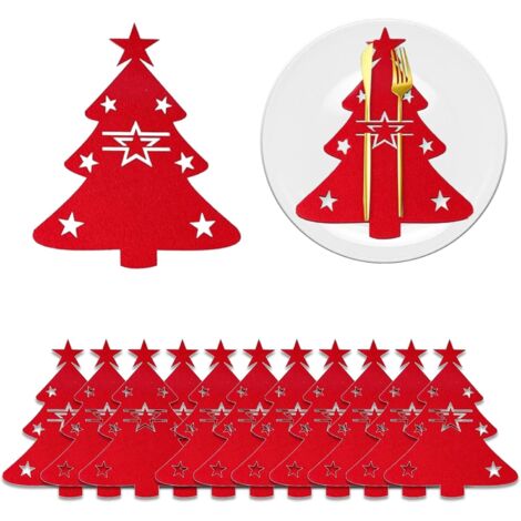 Juego de 12 porta cubiertos navideños de fieltro, decoración de mesa navideña, bolsa para cubiertos, porta cubiertos, porta cubiertos navideño, cuchillos, tenedores, cucharas, soporte decorativo