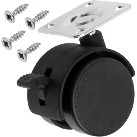 Juego de 12 ruedas dobles para muebles de Ø40 mm, con giro de 360° y freno + 50 tornillos para madera de Ø4x16 mm y placa de montaje de 38x38 mm  Capacidad de carga de 25 kg
