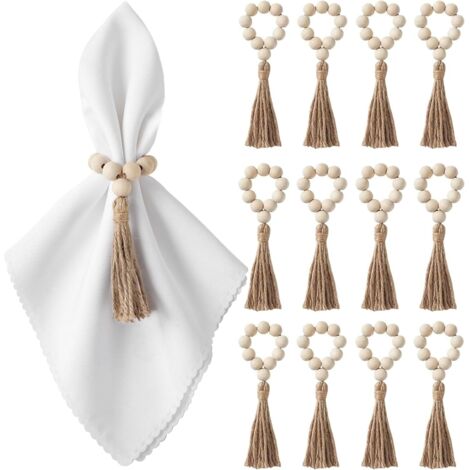 Juego de 12 servilleteros de madera con cuentas para decorar la mesa (servilletas no incluidas).