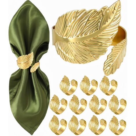Juego de 12 servilleteros dorados brillantes, lisos y fáciles de cuidar, elegantes adornos de mesa de metal macizo con forma de hoja de laurel (servilletas no incluidas).