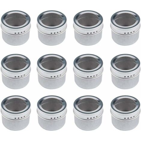 Juego de 12 tarros de especias magnéticos redondos, tapa transparente, vertido rápido, fijación magnética al refrigerador