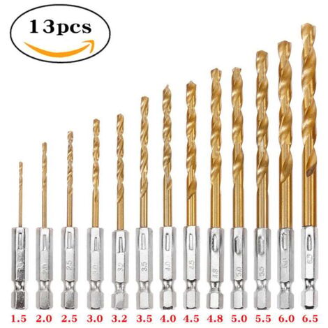 Juego de 13 brocas de impacto, HSS, con vástago hexagonal helicoidal y revestimiento de titanio para metal, acero, madera y plástico. Diseño de cambio rápido.