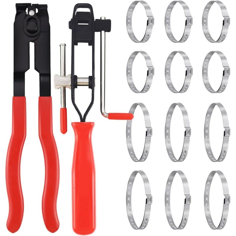 Juego de 14 abrazaderas de manguera, alicates para abrazaderas de manguera cardán, incluye 2 herramientas, 12 bandas de engarce, compatible con la