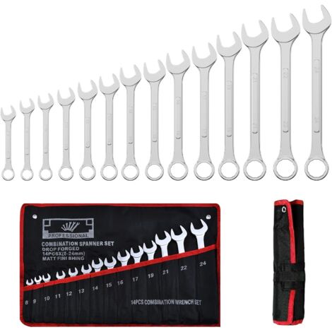 Juego de 14 llaves de trinquete, juego de llaves combinadas de acero al cromo-vanadio de 8-24 mm, kit de herramientas enrollables para bricolaje, llave de trinquete poligonal para fijación y desmontaj