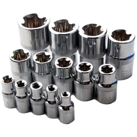 Juego de 14 llaves de vaso Torx, tipo E, de E4 a E24, de acero cromo-vanadio endurecido.