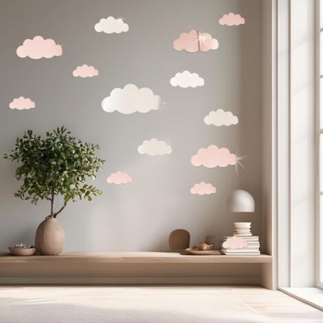 Juego de 14 pegatinas de pared para habitación infantil - Diseño de nubes - Espejo - Decoración de sala de estar - Diseño de nubes - Plateado