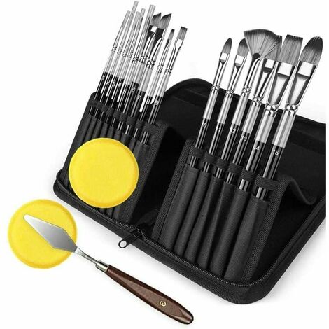 Juego de 15 pinceles de artista para pinturas acrílicas de acuarela, pinturas al óleo, pintura plana redonda con esponjas/cuchillo de pintura/bolsa
