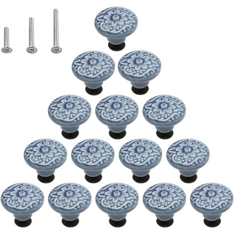 Juego de 15 tiradores de cerámica brillante con forma de seta para cómoda, con 3 tornillos de montaje, color azul.
