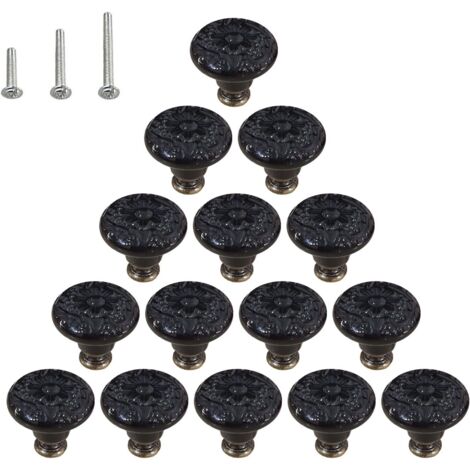 Juego de 15 tiradores de cerámica brillante estilo hongo para cómoda con 3 tornillos de montaje, color negro.