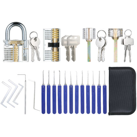 Juego de 17 herramientas para desmontar puertas + maletín de entrenamiento transparente para 4 puertas para trabajos de cerrajería y accesorios para la extracción de cilindros.