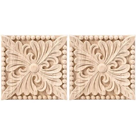 Juego de 2 apliques de madera tallada, calcomanía de escultura cuadrada para colocar sobre una superficie, diseño floral sin pintar, decoración para puertas, armarios y muebles, 3,94 x pulgadas