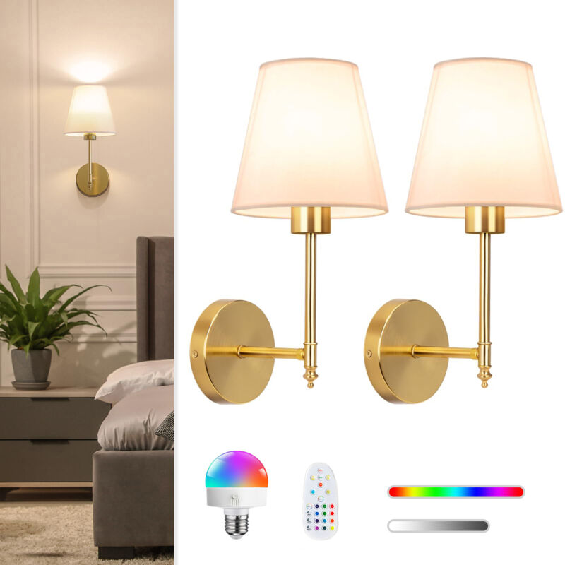 Juego de 2 apliques de pared, luces de pared recargables doradas a batería con 2000 mAh, luces inalámbricas RGB regulables de 12 colores