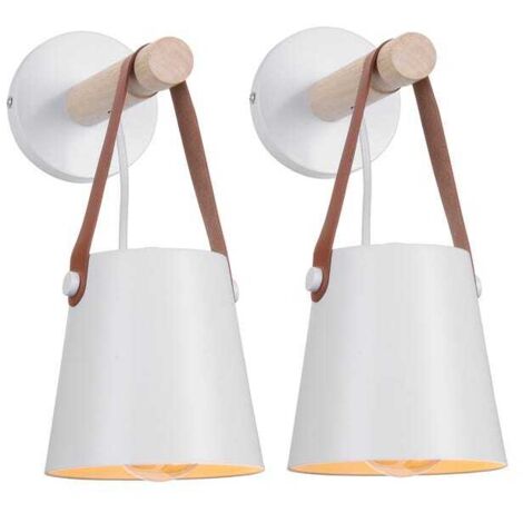 Juego de 2 apliques de pared de madera natural con pantallas colgantes y casquillos E27 para pasillo, dormitorio o sala de estar, color blanco (bombilla no incluida).