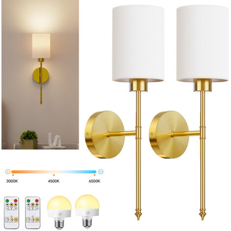 Juego de 2 apliques de pared inalámbricos, lámparas de pared a batería, bombillas regulables, sin cableado, apliques de interior, pantalla de tela