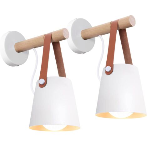 Juego de 2 apliques de pared vintage para interior, modernos, E27, pantalla de metal y soporte de madera, para dormitorio, salón, pasillo (blanco mate).