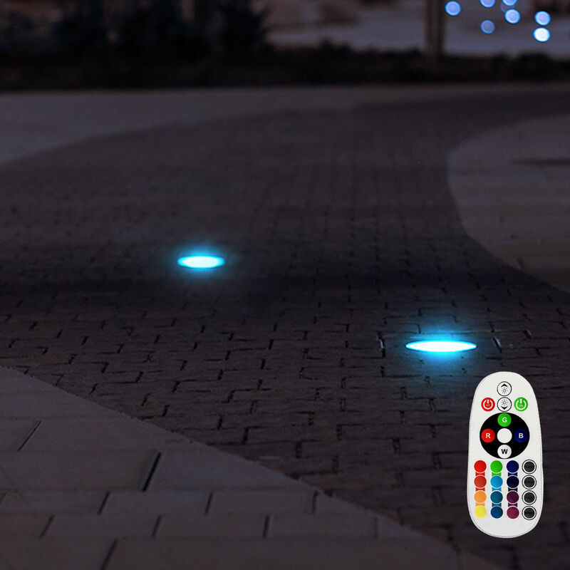 

Conjunto de 2 focos de acero inoxidable para instalación en suelo exterior, mando a distancia, regulables en un conjunto que incluye lámparas LED RGB