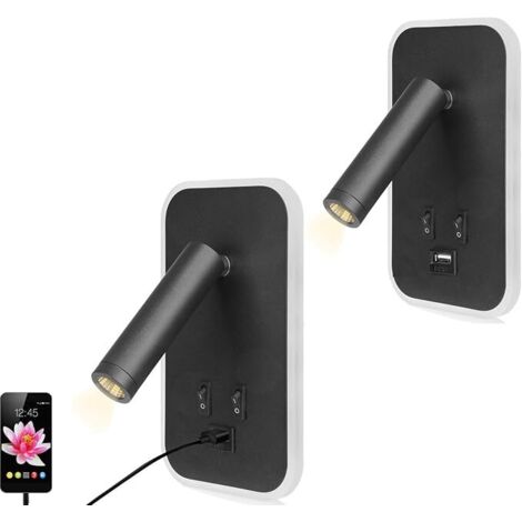 Juego de 2 apliques LED de pared, lámparas de mesilla con interruptor, puerto de carga USB, iluminación ambiental regulable para dormitorio (luz cálida 13W), color negro.