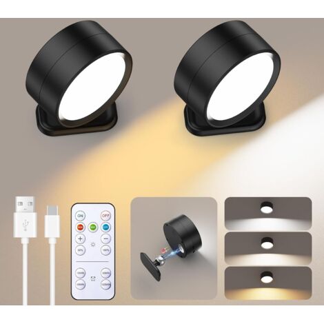 Juego de 2 apliques LED magnéticos de pared, recargables mediante USB, con mando a distancia, ideales para dormitorios, color negro.