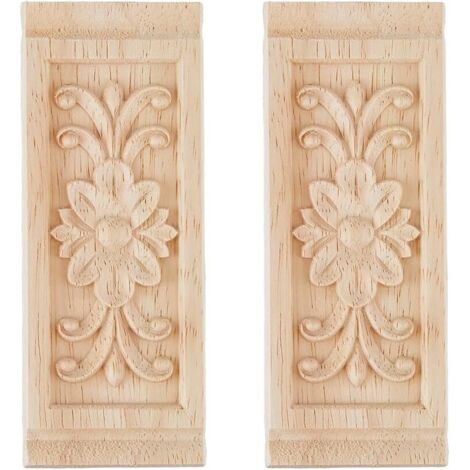 Juego de 2 apliques rectangulares de madera tallada para muebles, con motivos florales e incrustaciones decorativas en las esquinas. Aplique central largo de madera tallada, ideal para armarios, espej