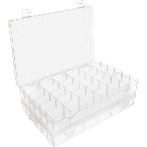 Juego de 2 cajas de plástico transparente con compartimentos – 27,3 x 17,6 x 4,3 cm – Caja de almacenamiento de plástico con 36 compartimentos ajustables – Caja de almacenamiento para joyas, abalorios